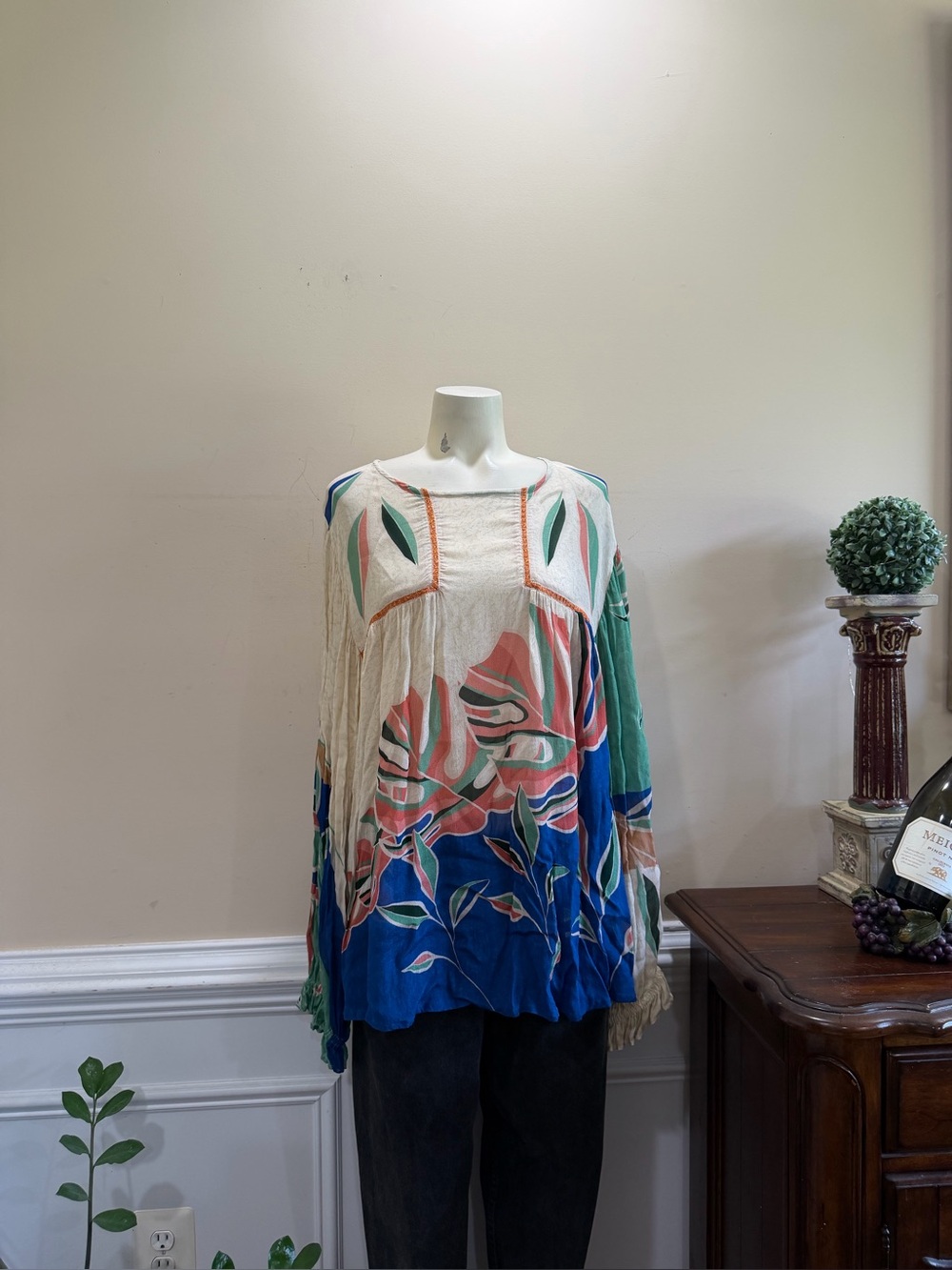 London Blank Boho Floral Multicolor Tunic Top - Cream, Blue & Green